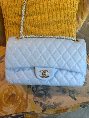 Classic Quilted Shoulder Bag in Light Blue with Gold Chain